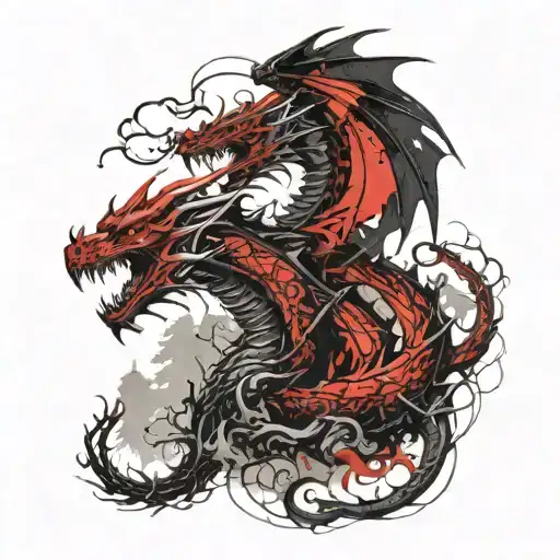 Three Headed Dragon With Wings Against The Backdrop Of A Misty Forest On A Mountain Slope