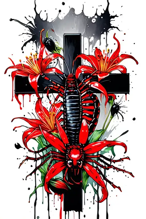 A Cross That's Being Wrapped Around By A Centipede With Red Spider Lily's Behind It