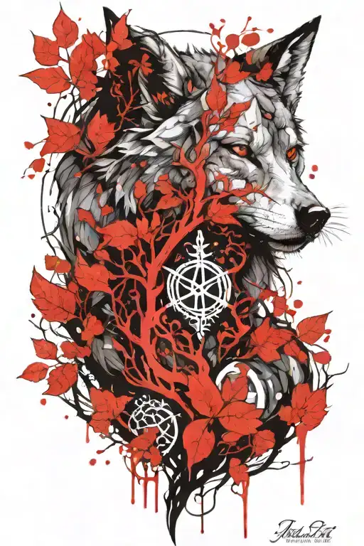 Tattoo Sketch With A Mythical Wolf With Red Eyes That Merges With The Tree Of Life Igdrasil