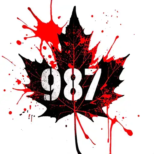 Red Maple Leaf With Numbers 987 In Black Superimposed