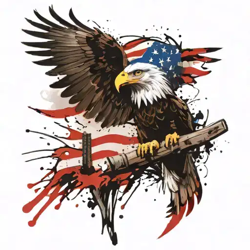 Bald Eagle Perched With An American Flag Intertwined