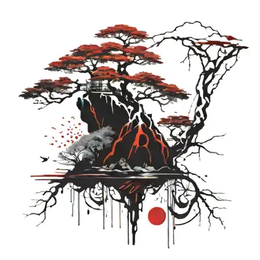 Bonzai Tree With A Waterfall Flowing