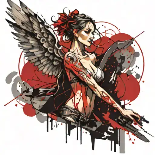 Under Breast Tattoo A Female Warrior Angel With Her Wings Open