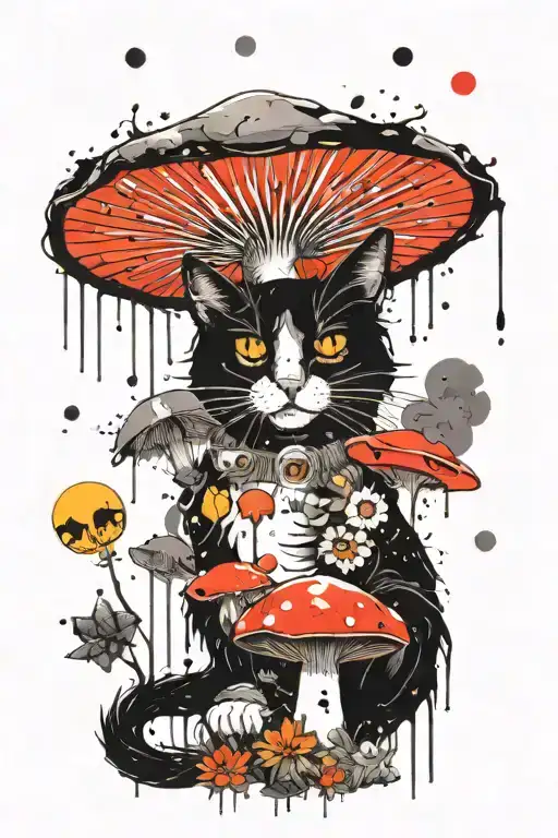 Colorful Mushroom Black Cat With Sun And Moon