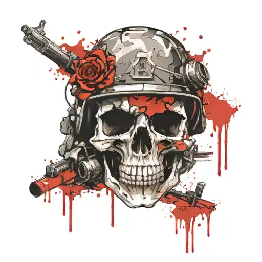 Skull In Military Helmet Cartridges And Shells