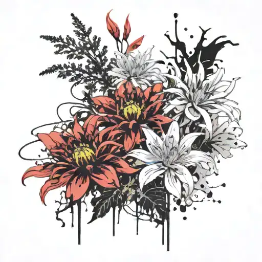 Chrysanthemums And Red Flower Lily Flowers