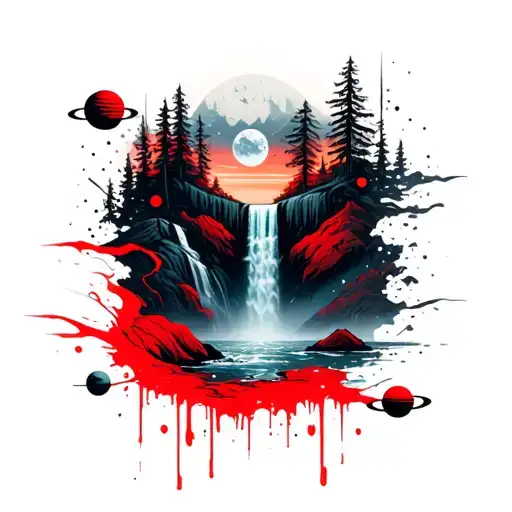 Forest Waterfall With Deep Space Above And Planets