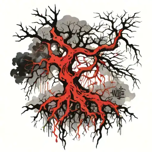 Big Old Tree Roots Exposed And Long Branches With Some Leaves