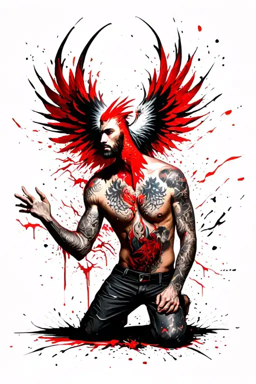 Man On Knees With Phoenix Bursting From Chest