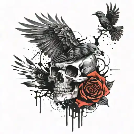 Skull And Rose With Crow Flying