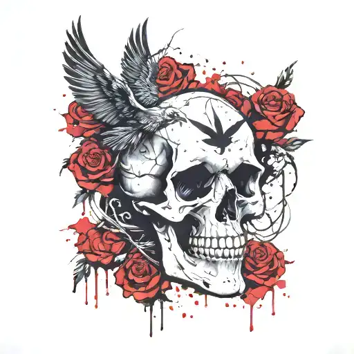 Skull And Roses With Flying Crows And Thorns