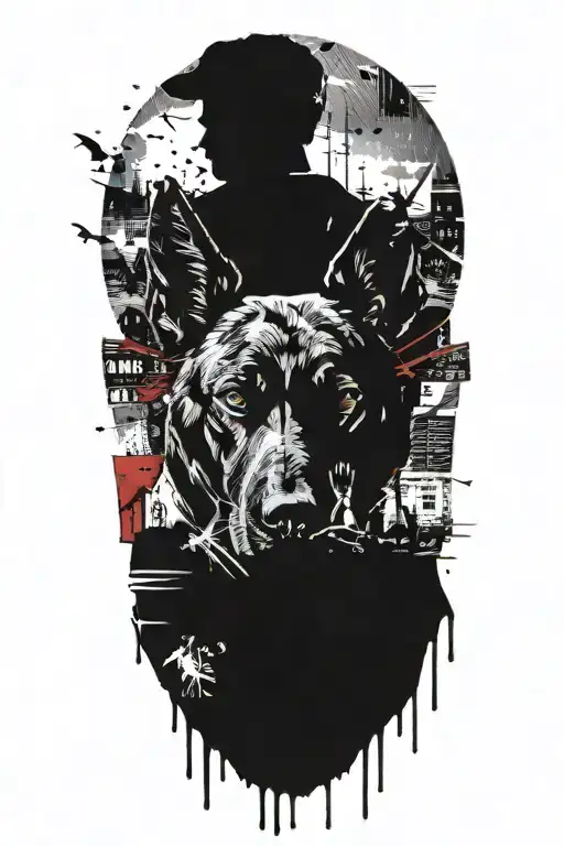 A Man Traveling A Desolate Landscape And A Belgian Malinois In The Sky Watching