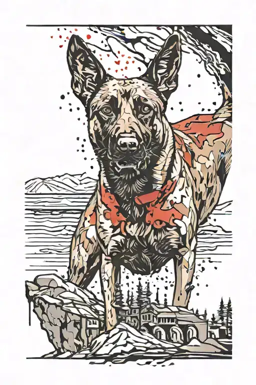 A Tattoo Of A Belgian Malinois Standing On A Cliff Overlooking A Silhouette Of His Master Below