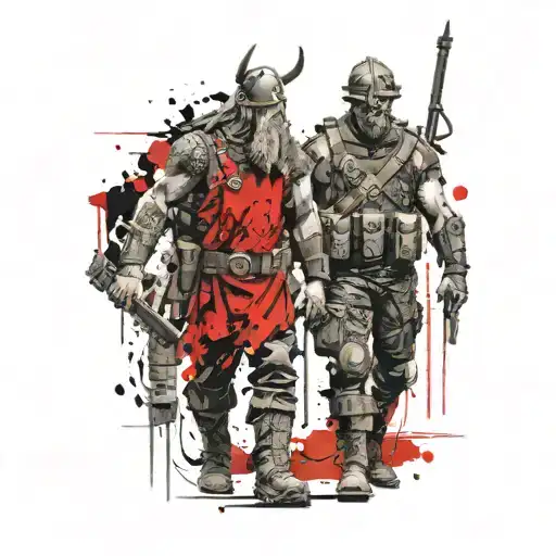 Military Soldier Standing Together With Viking Warrior