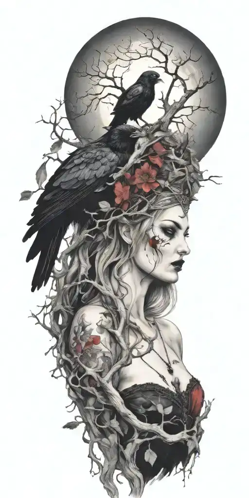 The Morrigan Irish Goddess With Crows An Old Oak Tree Growing And Bright Moonlight
