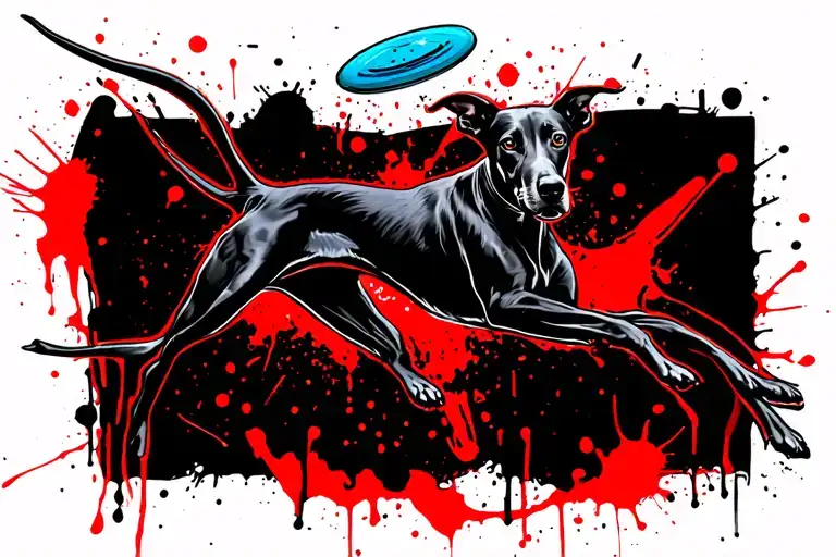 Black Greyhound Jumping To Catch A Blue Frisbee