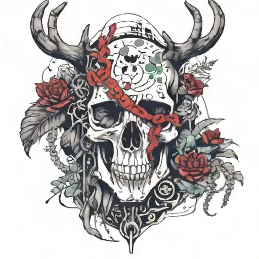 Torso Of A Man With A Deer Skull As A Mask With A Broken Chain Around It And With Plants