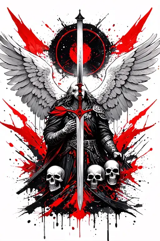 Spread Eagle Wings Warrior God With Sword And Skulls Surrounded Bottom