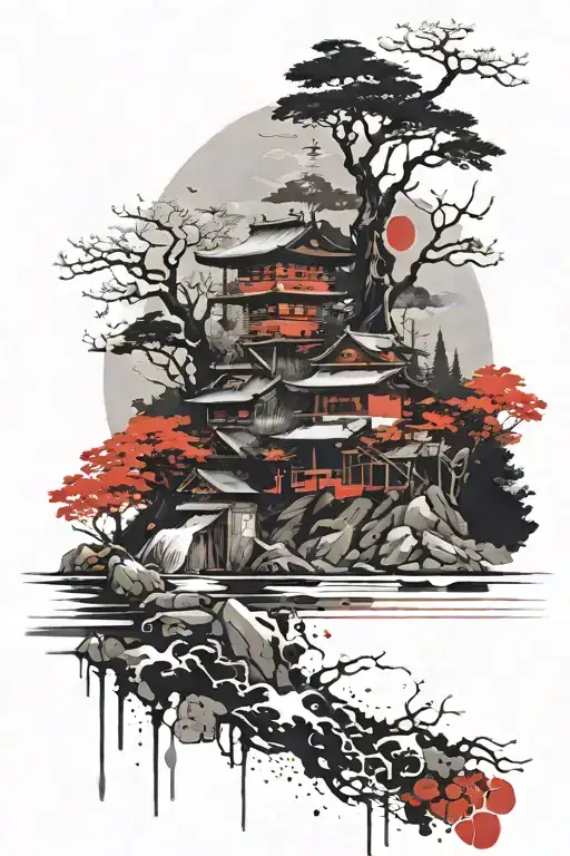 Mountan And Water And Japanise Trees And Houses Scematic Type Style