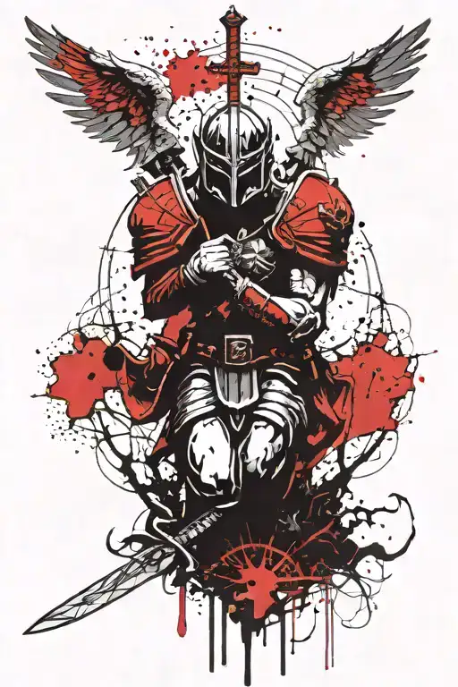 Saint Michael Kneeling With A Sword Stuck Into The Ground In Front Of A Dark Forest