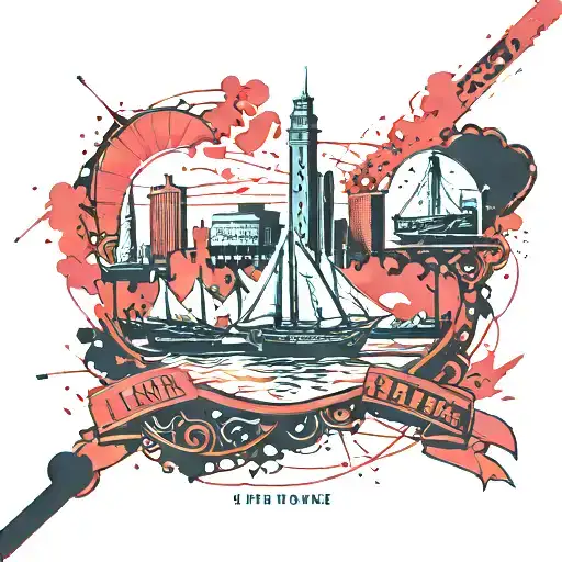 A Dotwork Tattoo Of A Silhouette Of Le Havre City Skyline With Ships In The Port