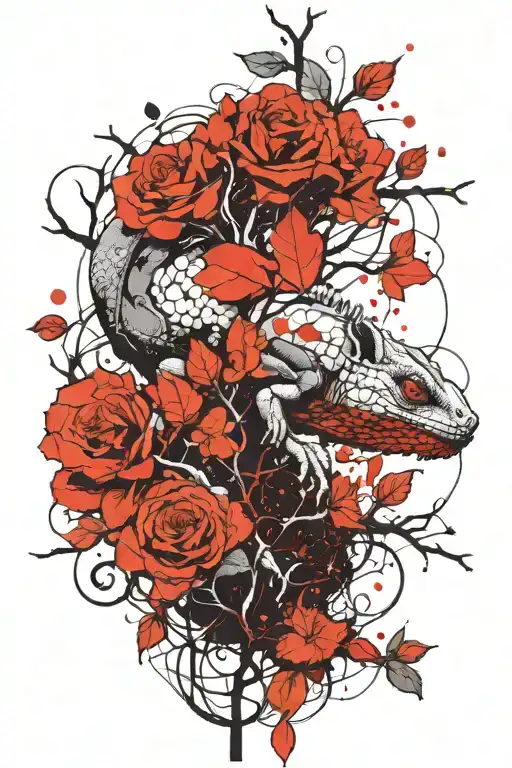 One Cameleon Klimbing A Rosepetal Tree Branch