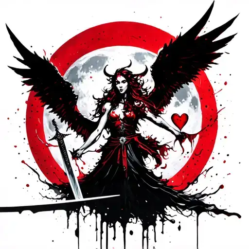 Demon Angel Holding Sword And A Heart Under The Full Moon