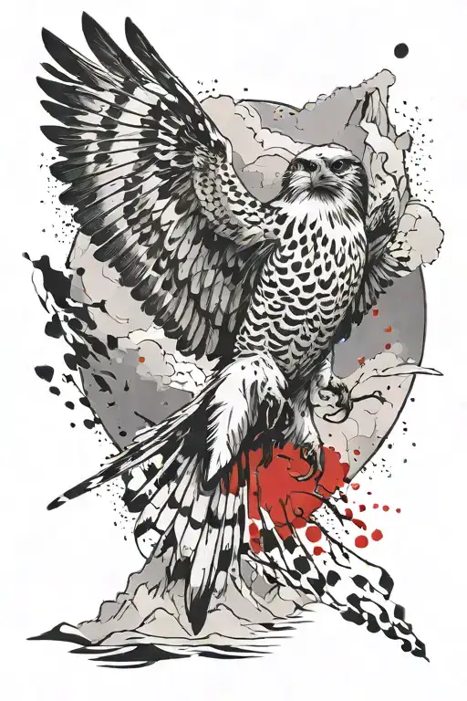 Flying Little Falcon Against The Background Of Snowy Mountains And Clouds