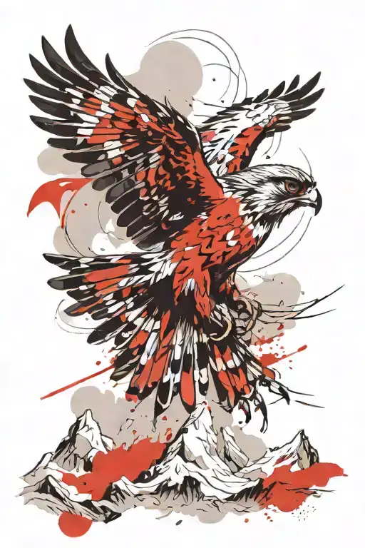 Flying Little Falcon Against The Background Of Snowy Mountains And Clouds