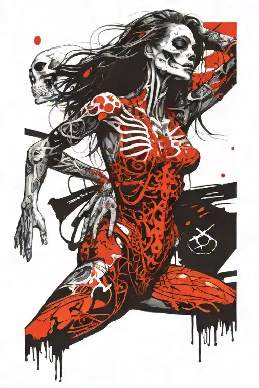 I Need A Tattoo Of A Woman On Her Back In A Swimsuit With Curvy Straight Hair Kissing A Skeleton