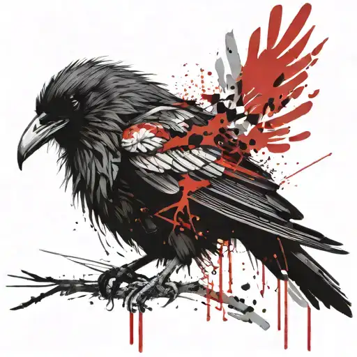 Raven With Red Lines Symmetrical Head Wings Spread In Both Directions