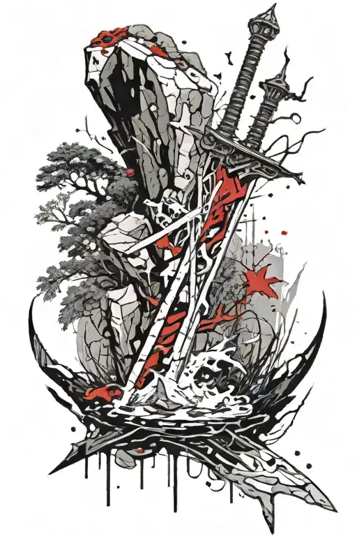 A Sword Embedded In A Rock Surrounded By Water And A Forest In The Background