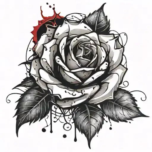Black And White Rose With Leaves