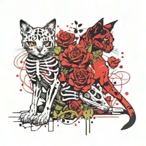 2 Skeleton Cats And Flowers Surrounding
