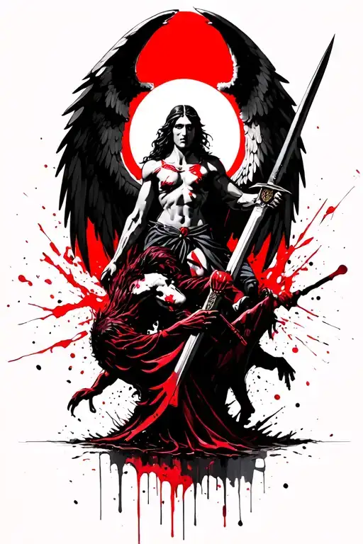 Arch Angel With Sword In Right Hand Standing On Defeating Satan