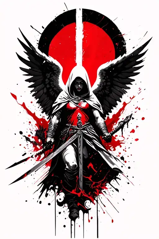 Hooded Arch Angel With Sword In Right Hand Slaying Demons