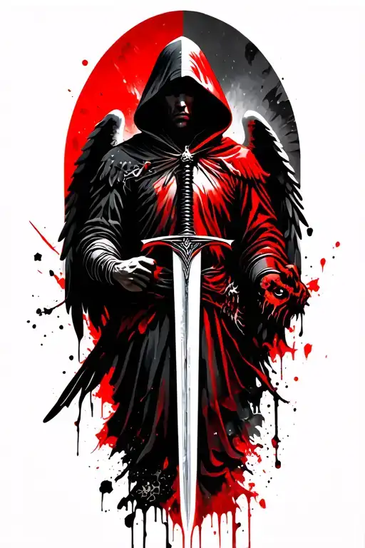 Hooded Arch Angel With Sword In Right Hand Killing Demons