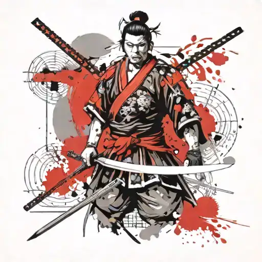 Samurai With Katana And Japanese Background And Blood