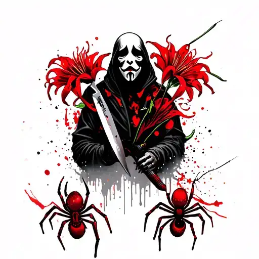 Ghostface Holding A Knife Surrounded By Red Spider Lily