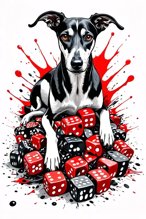 Black Greyhound Lying On A Large Pile Of Small Dice