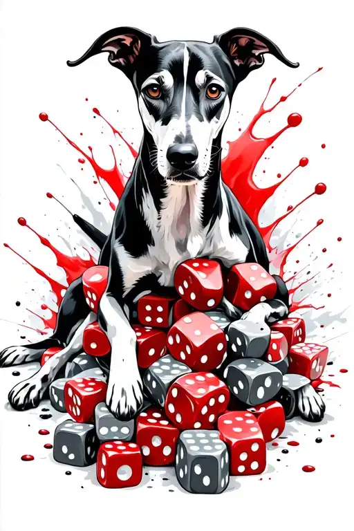 Black Greyhound Lying On A Large Pile Of Small Dice