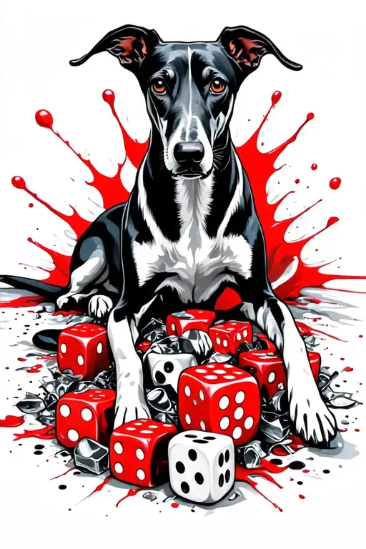 Black Greyhound Lying Down On Lost Of Small Dice