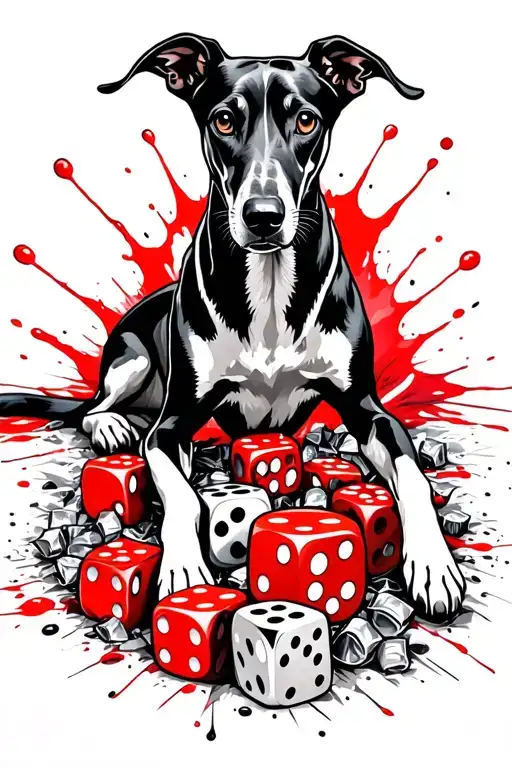 Black Greyhound Lying Down On Lost Of Small Dice