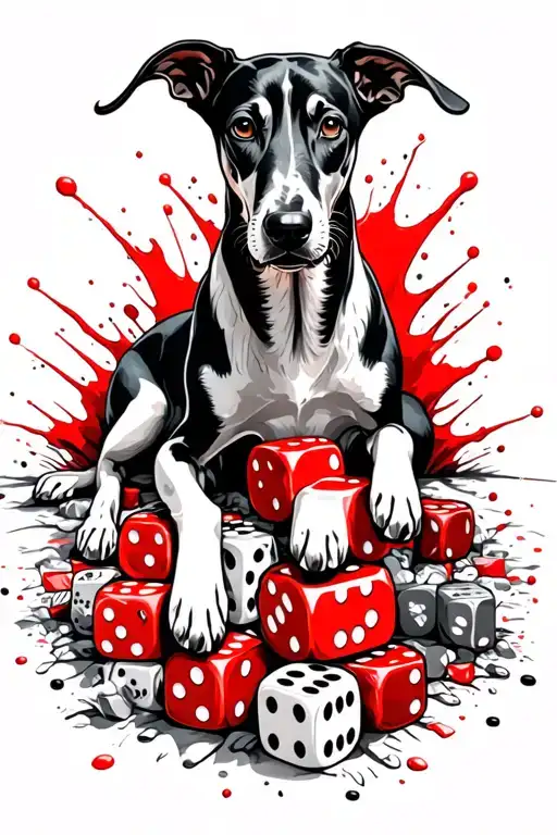 Black Greyhound With A Black Chest And Legs Lying Down On Lots Of Small Dice