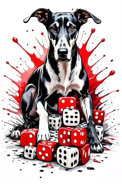 Black Greyhound With A Black Chest And Legs Lying Down Hundreds Of Small Dice