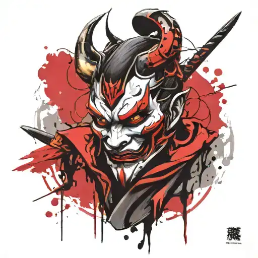 Half Samurai Face And Half Hannya Mask Face