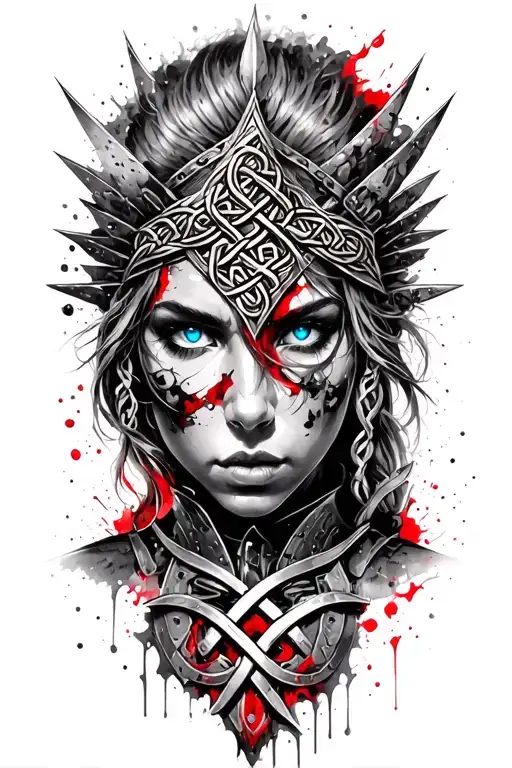 Valkyrie With Blue Eyes On Armor Tattoo Design Featuring Celtic Trinity Knot