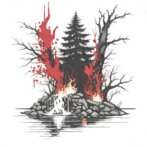 A Rowan Berry Tree And A Campfire Beside A River Waterfalling Down The Front