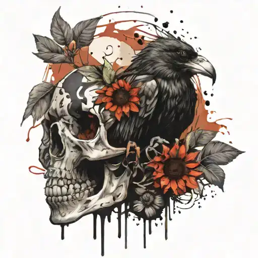 Crow Sitting On Top Of A Human Skull With Sunflowers