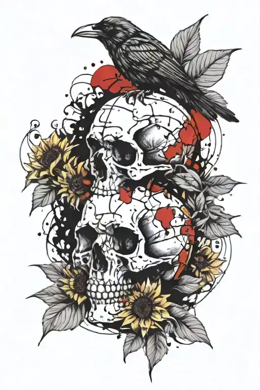 Raven Sitting On Top Of A Human Skull With Sunflowers